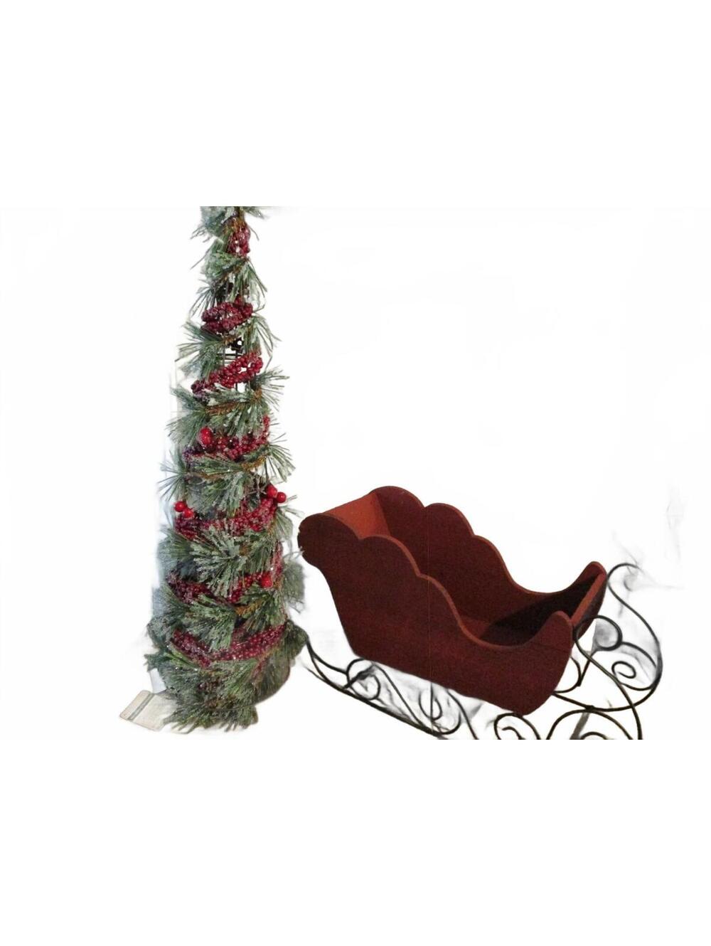 Large 25in Christmas Pine Tree and 20in Red Wooden Sleigh Centerpiece Set